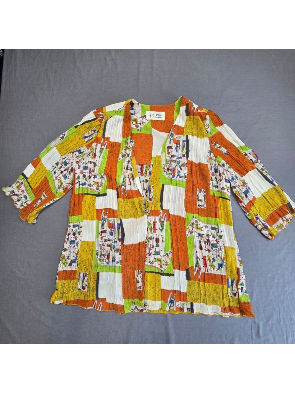 Vintage Womens Medium Cardigan Jacket Abstract Print Pleated L/XL